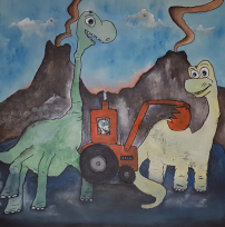 Børnekunst, dinosauers, børnemalerier, børnenes kunst på værelset, personligt maleri til børneværelset