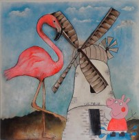 Børnekunst, gurli gris, flamingo, mølle, børnemalerier, børnenes kunst på værelset, personligt maleri til børneværelset