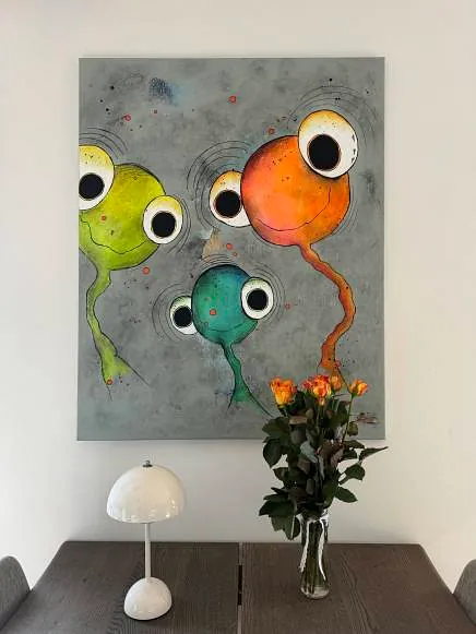 kunst i boligen, malerier, abstrakt, boligindretning, interiør, mixed media, ansigt